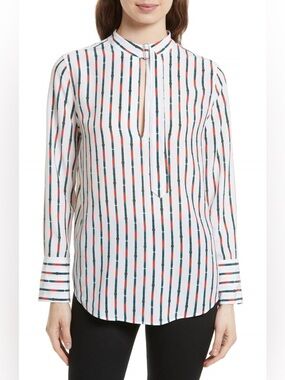 EQUIPMENT Janelle Stripe 100% Silk Blouse in Bright White Multi w Buckle Accents